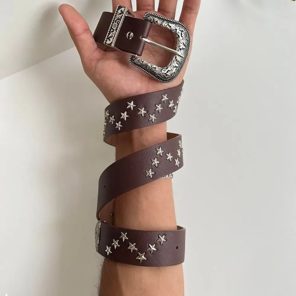 y2k brown american western cowboy boho star studded belt
